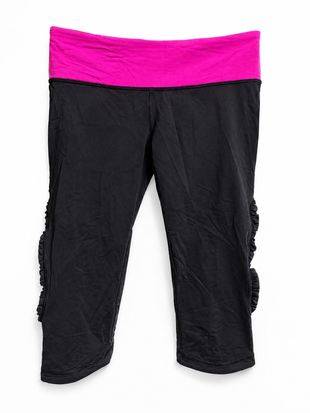 Lululemon Run in the Sun Crop Size 6 Black Pink Ruched Capri Leggings